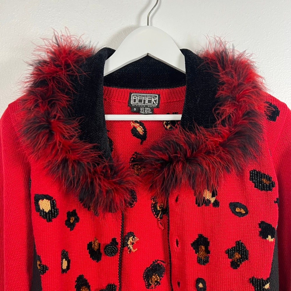 VTG Berek Leopard Print Knit Cardigan Sweater Beaded 90s Maximalist Bold Sz. S - Picture 2 of 13